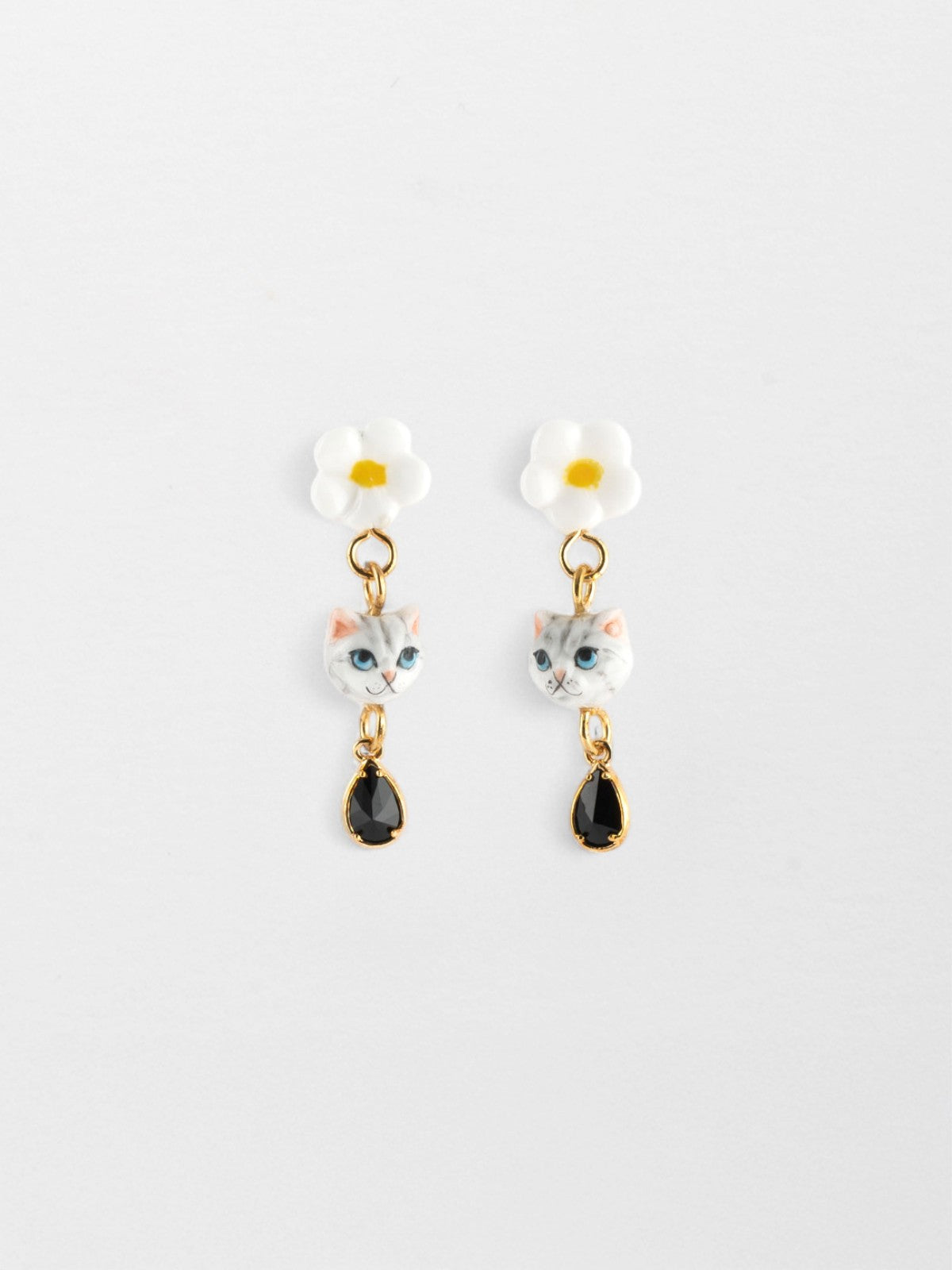 Tabby Grey cat flower with pendant earrings J453