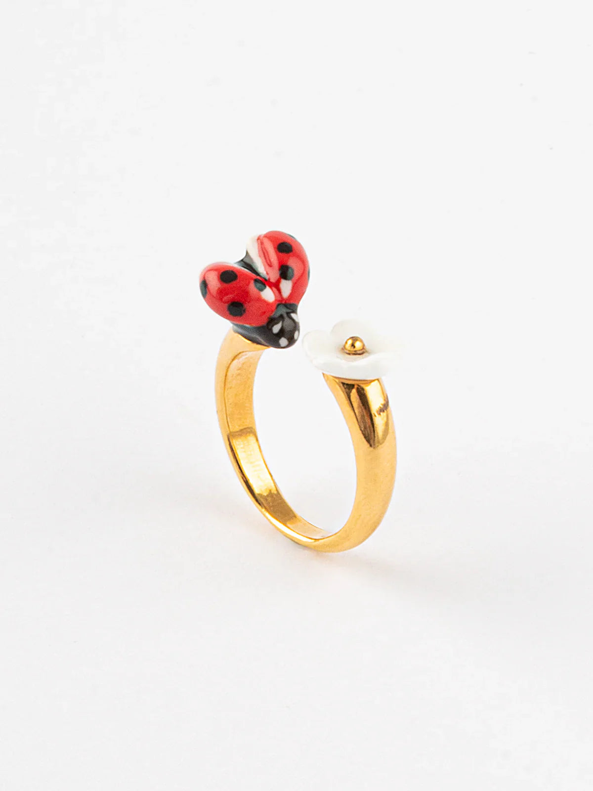 BB153 ladybug white flower face to face ring