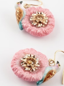 pink and blue bird on thistle flower pendant earrings J810
