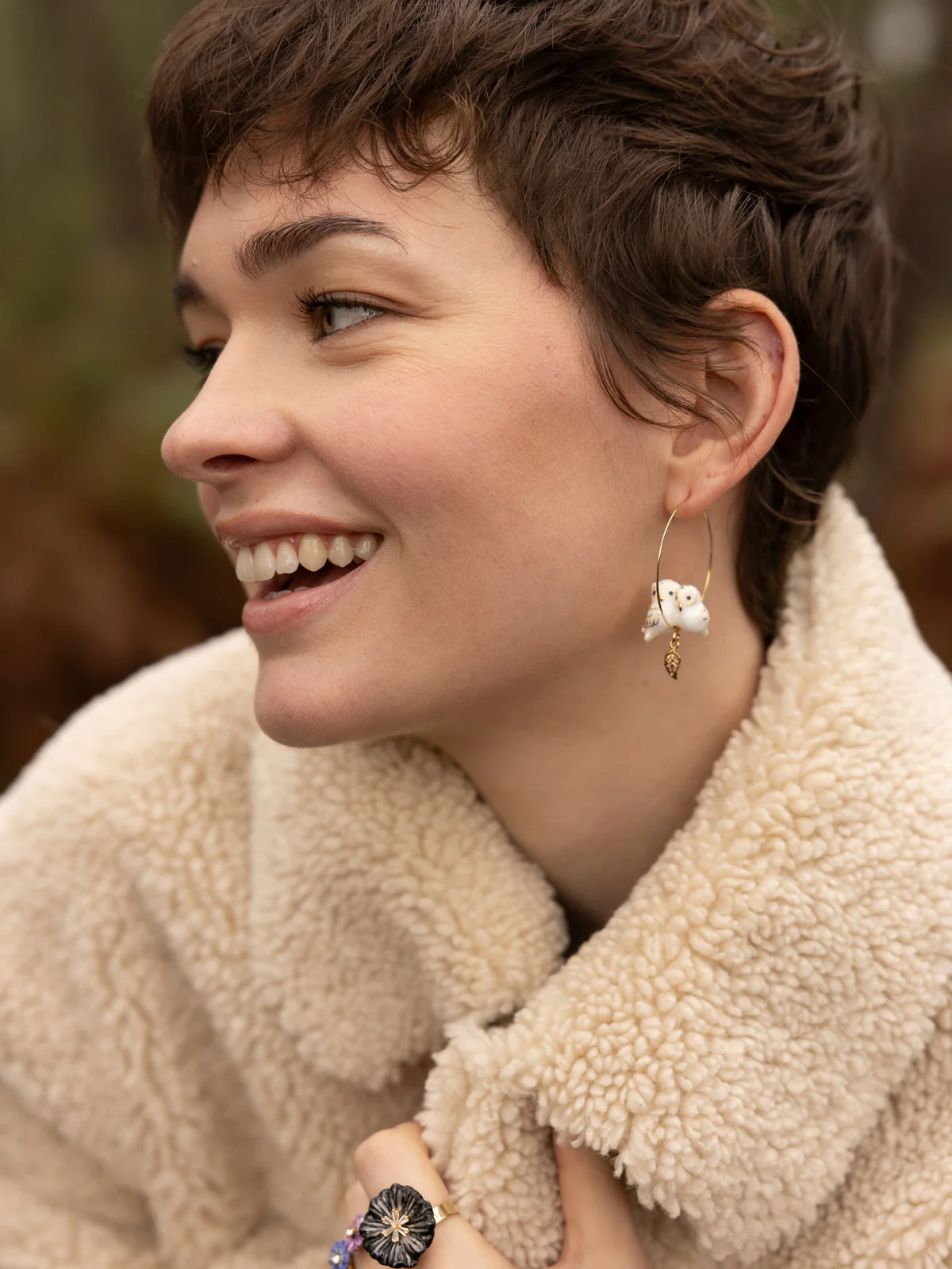 white owl and gold leafs big hoop earrings j781