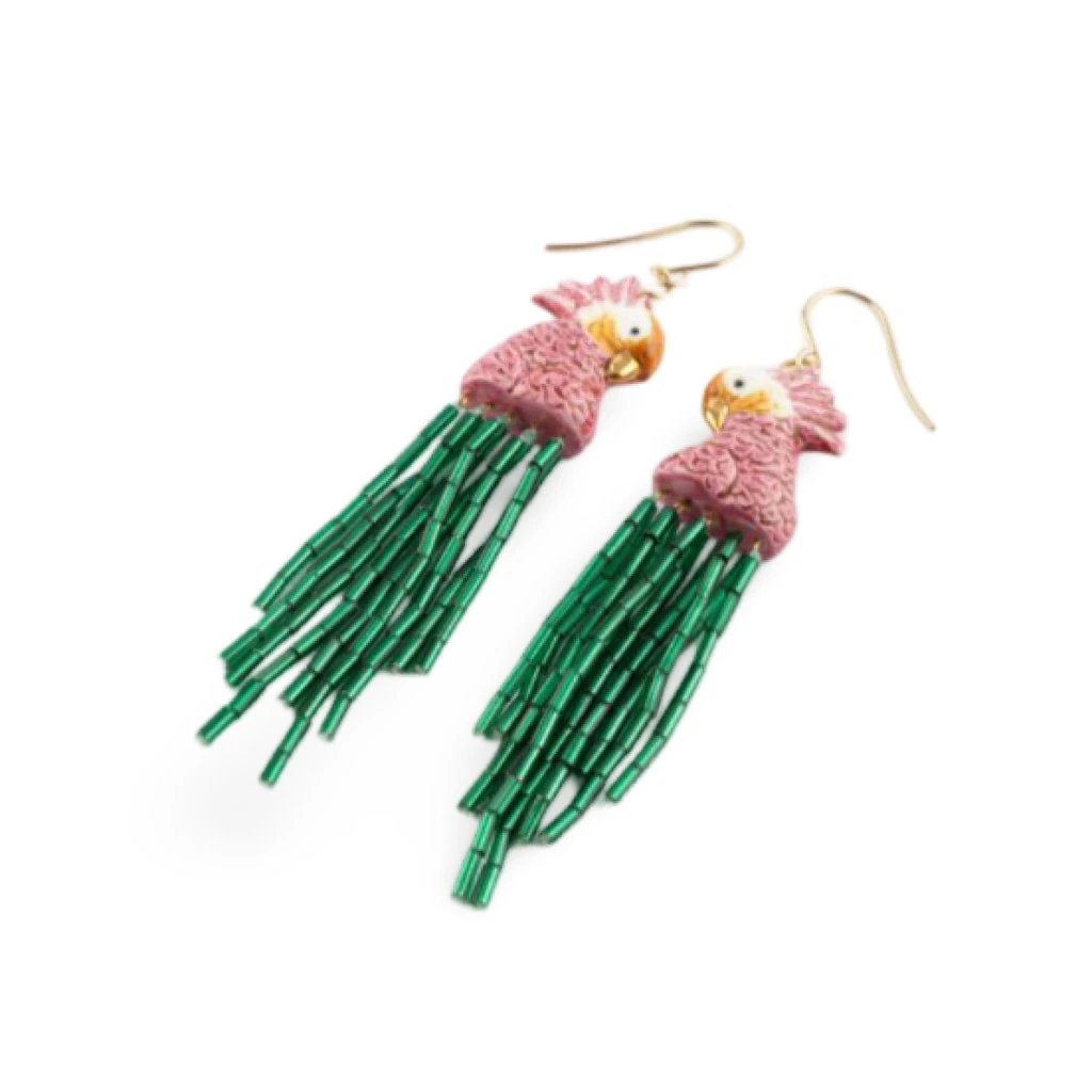 Pink Cockatoo with Orange Beads pendant earrings - Vibration