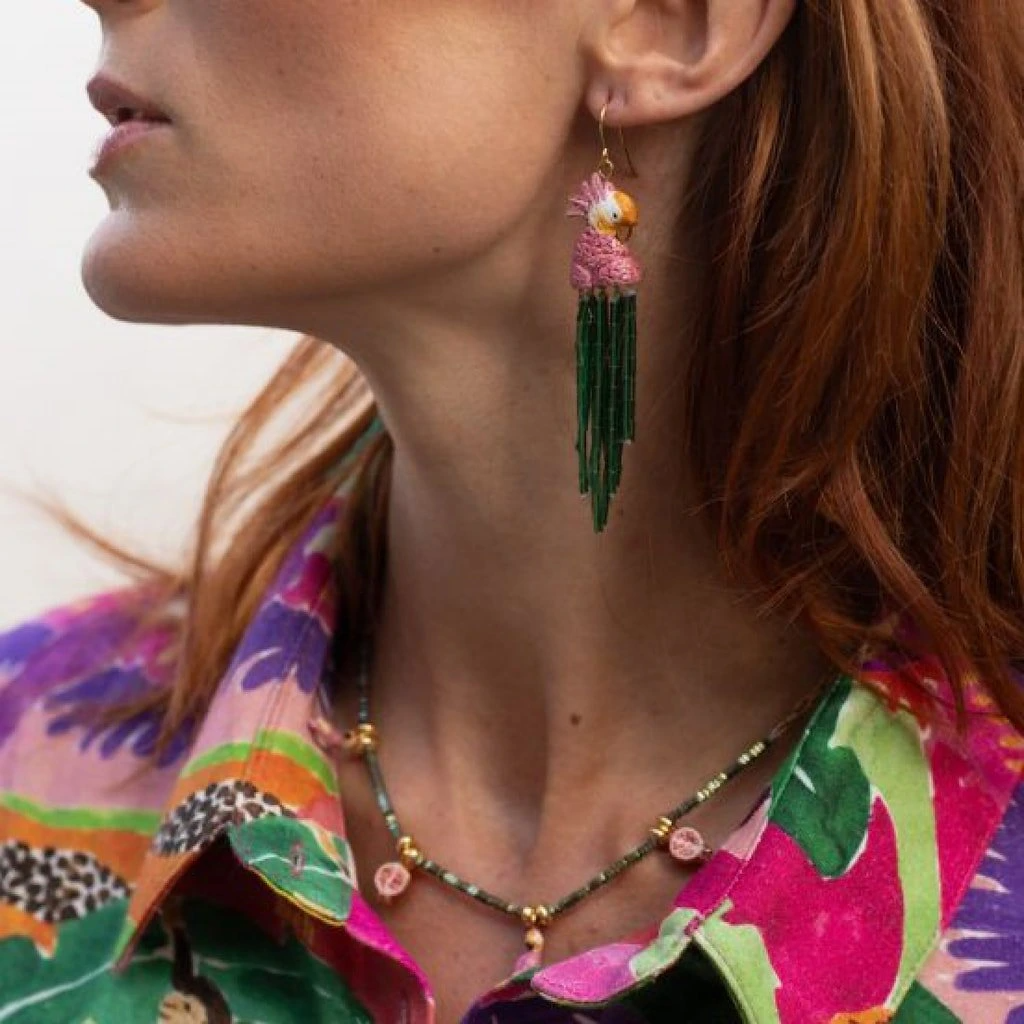 Pink Cockatoo with Orange Beads pendant earrings - Vibration